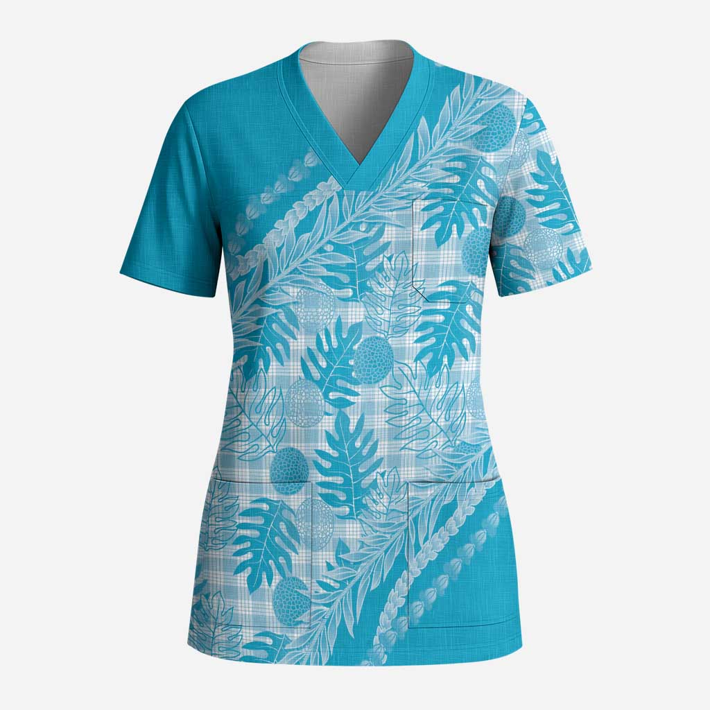 Hawaii Breadfruit Palaka Scrub Top Polu Maile Lei LT9 Adult Blue - Polynesian Pride