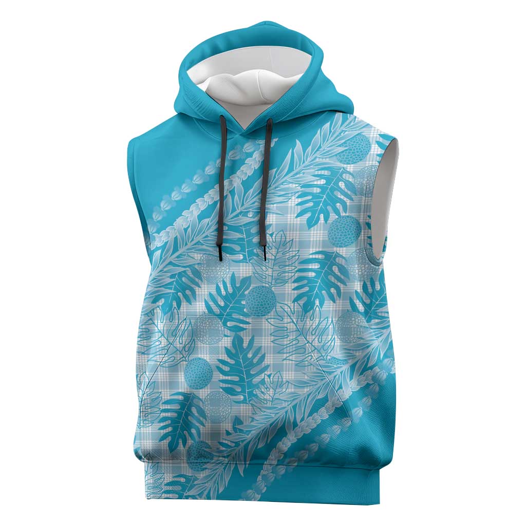 Hawaii Breadfruit Palaka Sleeveless Hoodie Polu Maile Lei LT9 Blue - Polynesian Pride