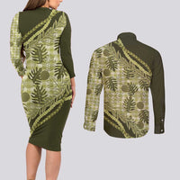 Hawaii Breadfruit Palaka Couples Matching Long Sleeve Bodycon Dress and Long Sleeve Button Shirt Omaomao Maile Lei - Polynesian Pride