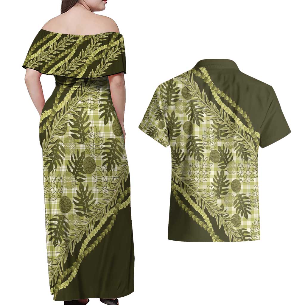 Hawaii Breadfruit Palaka Couples Matching Off Shoulder Maxi Dress and Hawaiian Shirt Omaomao Maile Lei - Polynesian Pride