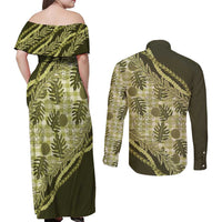 Hawaii Breadfruit Palaka Couples Matching Off Shoulder Maxi Dress and Long Sleeve Button Shirt Omaomao Maile Lei - Polynesian Pride