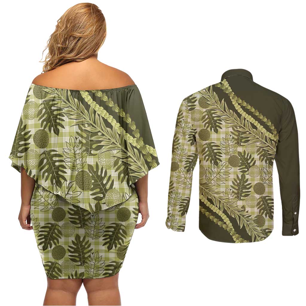 Hawaii Breadfruit Palaka Couples Matching Off Shoulder Short Dress and Long Sleeve Button Shirt Omaomao Maile Lei - Polynesian Pride