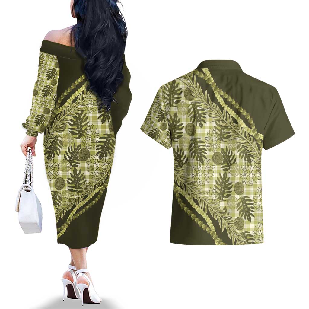 Hawaii Breadfruit Palaka Couples Matching Off The Shoulder Long Sleeve Dress and Hawaiian Shirt Omaomao Maile Lei - Polynesian Pride