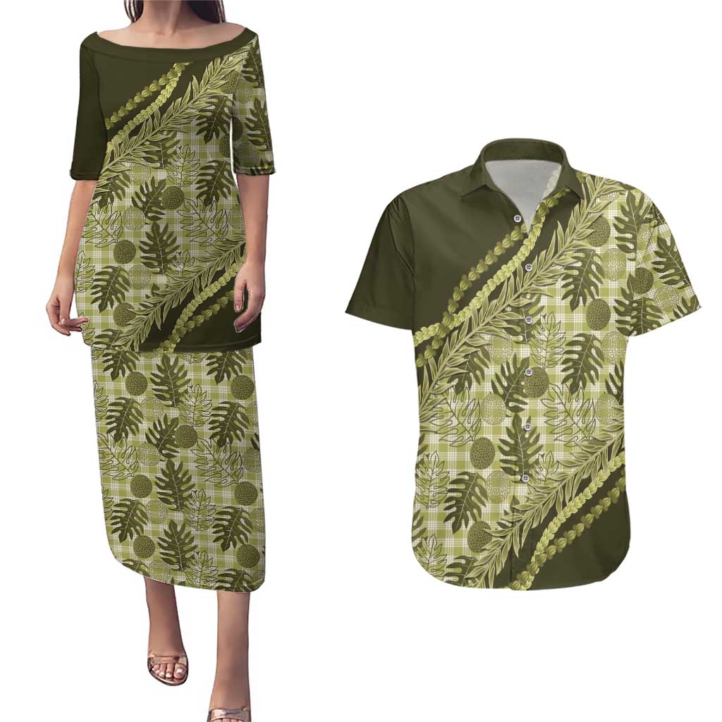Hawaii Breadfruit Palaka Couples Matching Puletasi and Hawaiian Shirt Omaomao Maile Lei LT9 Green - Polynesian Pride