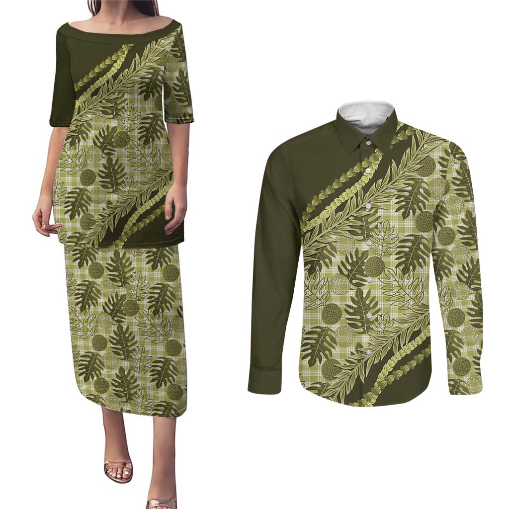 Hawaii Breadfruit Palaka Couples Matching Puletasi and Long Sleeve Button Shirt Omaomao Maile Lei LT9 Green - Polynesian Pride