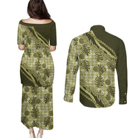 Hawaii Breadfruit Palaka Couples Matching Puletasi and Long Sleeve Button Shirt Omaomao Maile Lei LT9 - Polynesian Pride