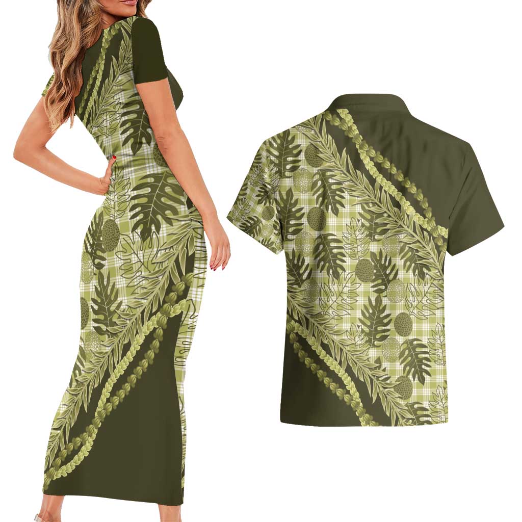 Hawaii Breadfruit Palaka Couples Matching Short Sleeve Bodycon Dress and Hawaiian Shirt Omaomao Maile Lei - Polynesian Pride