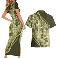 Hawaii Breadfruit Palaka Couples Matching Short Sleeve Bodycon Dress and Hawaiian Shirt Omaomao Maile Lei - Polynesian Pride