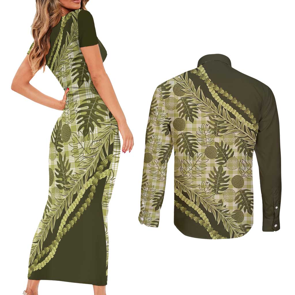 Hawaii Breadfruit Palaka Couples Matching Short Sleeve Bodycon Dress and Long Sleeve Button Shirt Omaomao Maile Lei - Polynesian Pride