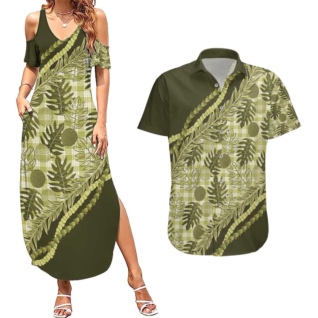 Hawaii Breadfruit Palaka Couples Matching Summer Maxi Dress and Hawaiian Shirt Omaomao Maile Lei - Polynesian Pride