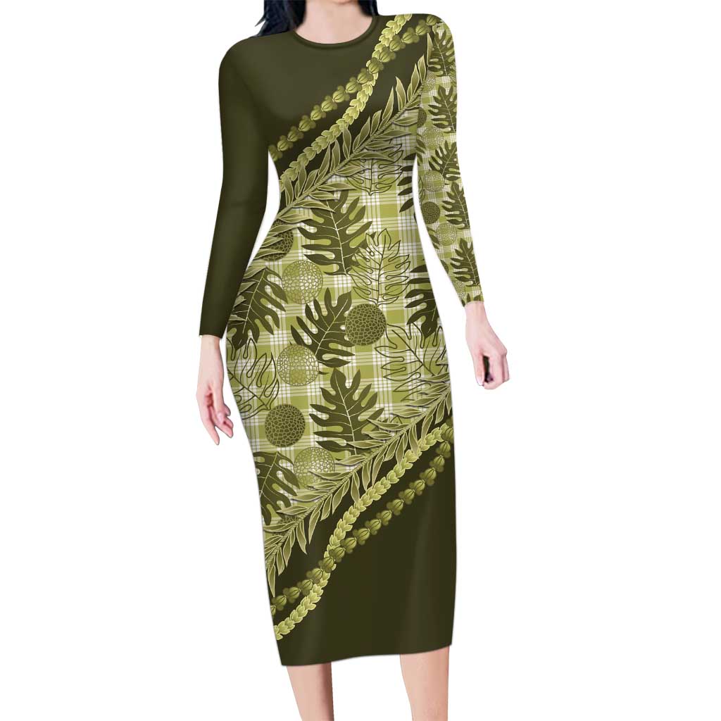 Hawaii Breadfruit Palaka Family Matching Long Sleeve Bodycon Dress and Hawaiian Shirt Omaomao Maile Lei - Polynesian Pride