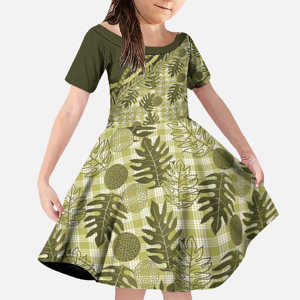 Hawaii Breadfruit Palaka Family Matching Off The Shoulder Long Sleeve Dress and Hawaiian Shirt Omaomao Maile Lei - Polynesian Pride