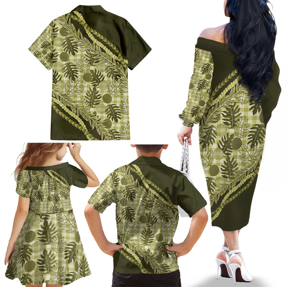 Hawaii Breadfruit Palaka Family Matching Off The Shoulder Long Sleeve Dress and Hawaiian Shirt Omaomao Maile Lei - Polynesian Pride