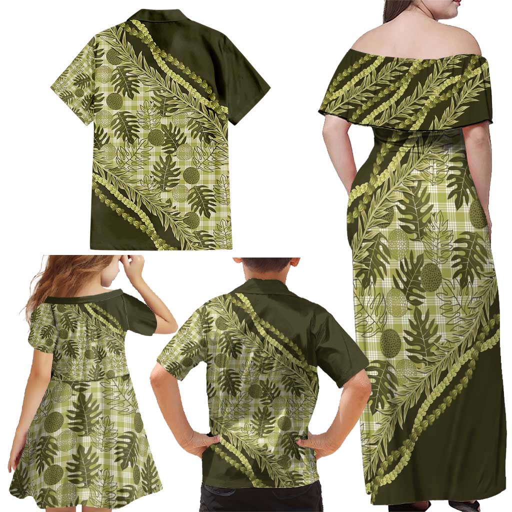 Hawaii Breadfruit Palaka Family Matching Off Shoulder Maxi Dress and Hawaiian Shirt Omaomao Maile Lei - Polynesian Pride