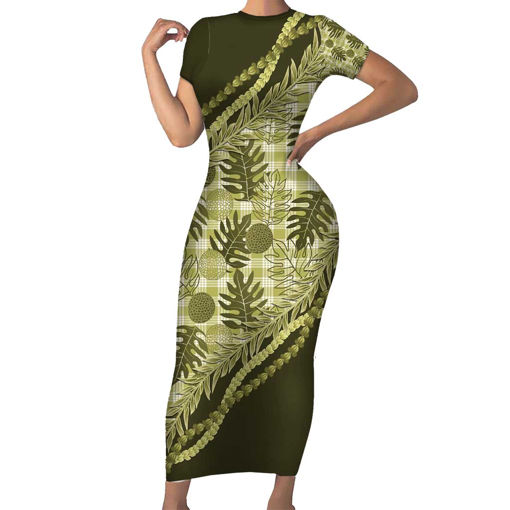 Hawaii Breadfruit Palaka Family Matching Short Sleeve Bodycon Dress and Hawaiian Shirt Omaomao Maile Lei - Polynesian Pride