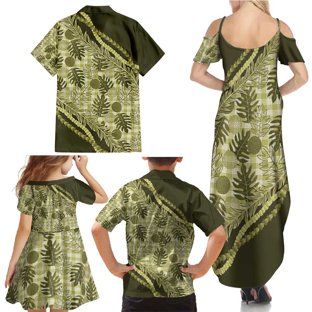 Hawaii Breadfruit Palaka Family Matching Summer Maxi Dress and Hawaiian Shirt Omaomao Maile Lei - Polynesian Pride