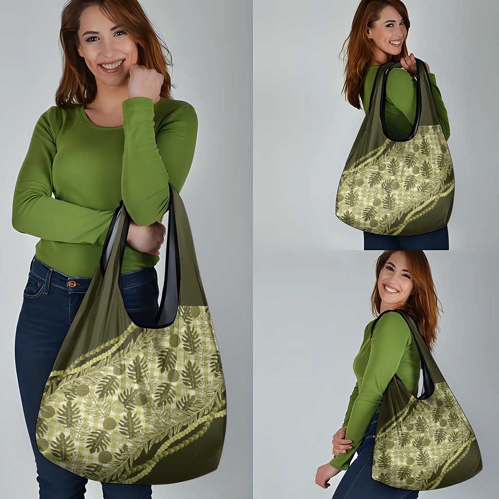 Hawaii Breadfruit Palaka Grocery Bag Omaomao Maile Lei - Polynesian Pride