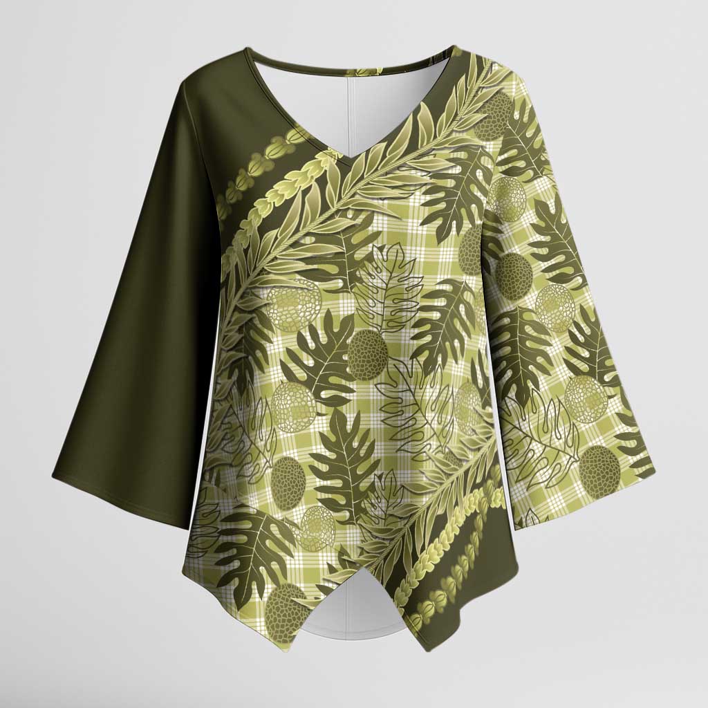 Hawaii Breadfruit Palaka Kimono Sleeve Blouse Omaomao Maile Lei LT9 Female Green - Polynesian Pride