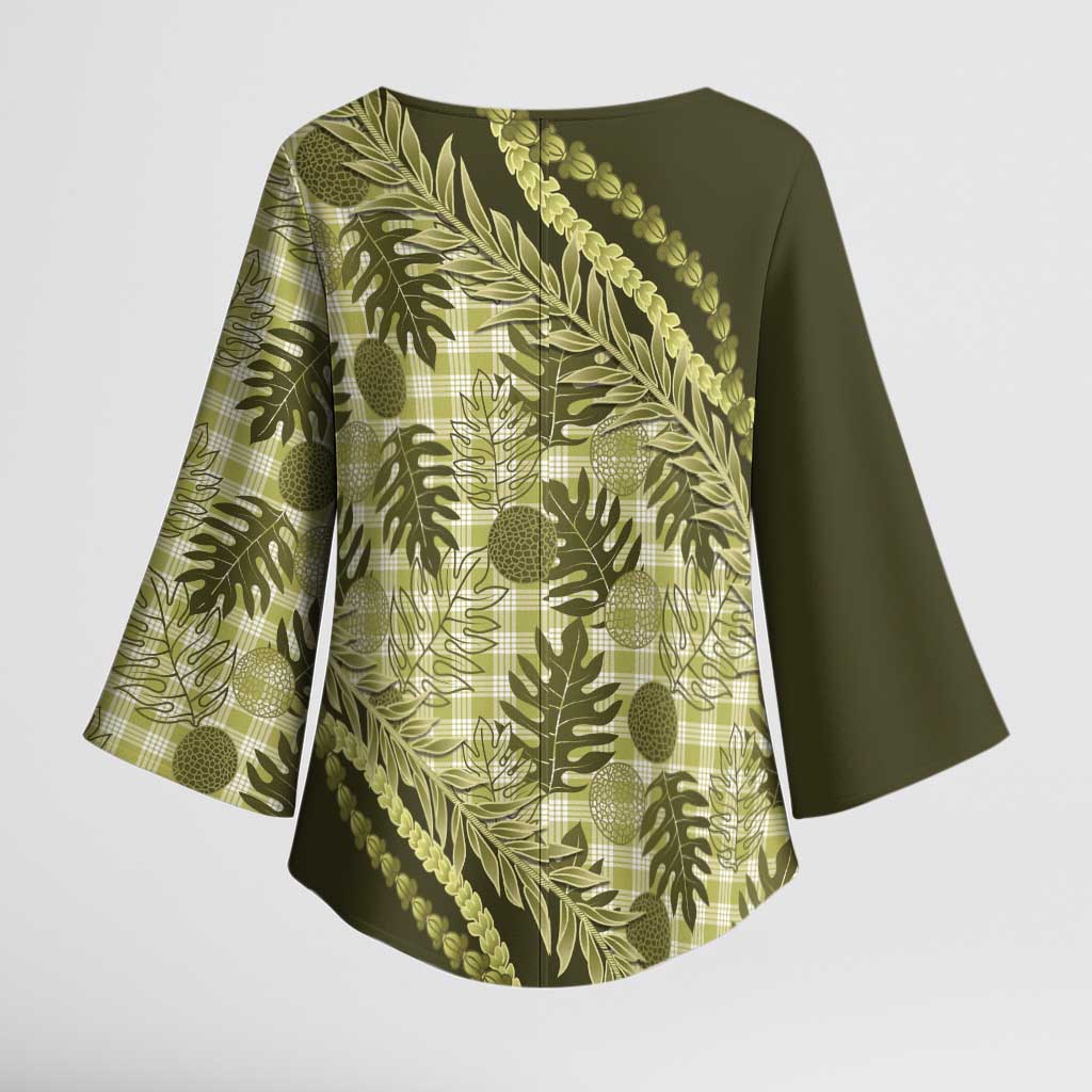 Hawaii Breadfruit Palaka Kimono Sleeve Blouse Omaomao Maile Lei LT9 - Polynesian Pride