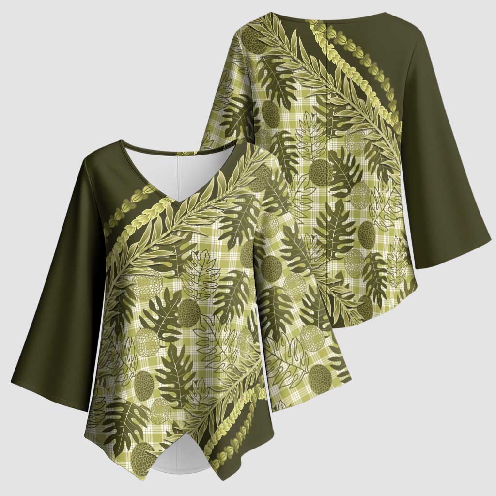 Hawaii Breadfruit Palaka Kimono Sleeve Blouse Omaomao Maile Lei LT9 - Polynesian Pride