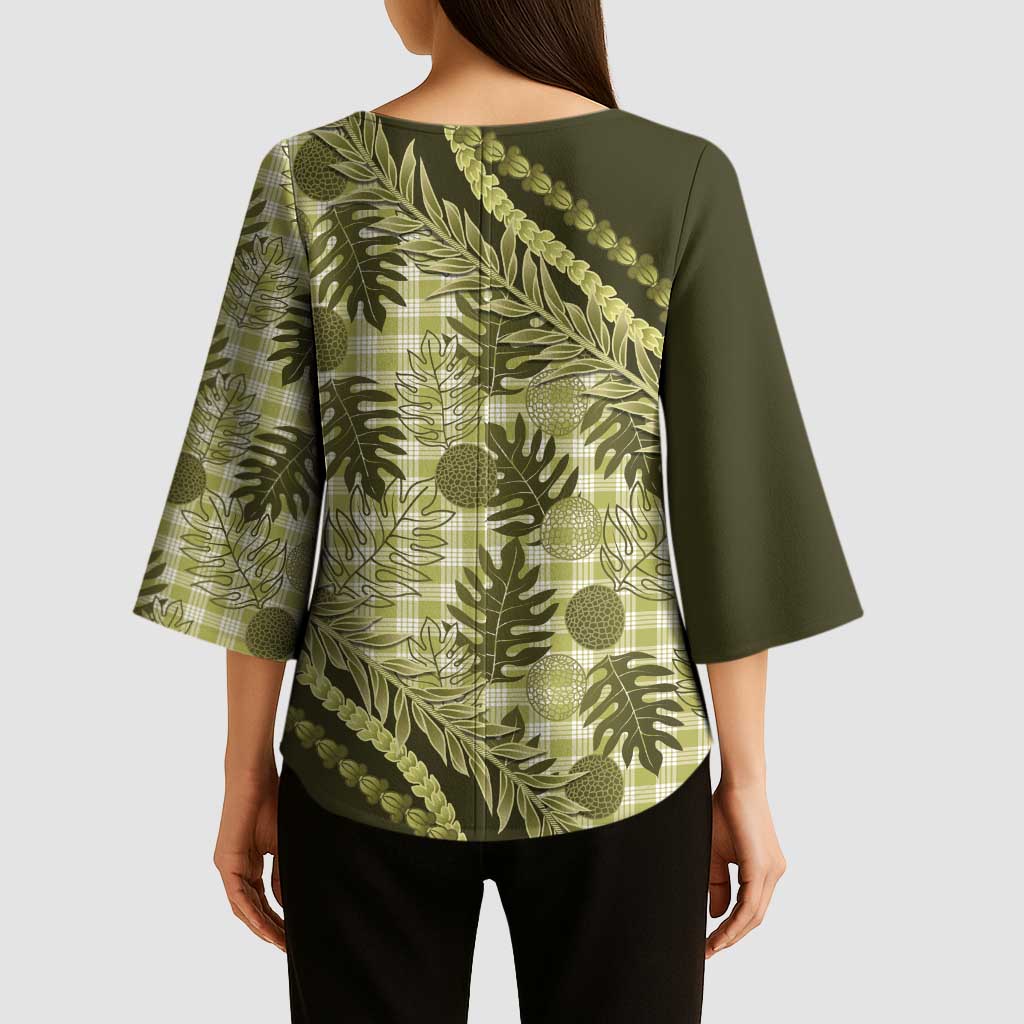Hawaii Breadfruit Palaka Kimono Sleeve Blouse Omaomao Maile Lei LT9 - Polynesian Pride