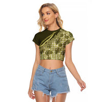 Hawaii Breadfruit Palaka Raglan Cropped T Shirt Omaomao Maile Lei LT9 Female Green - Polynesian Pride