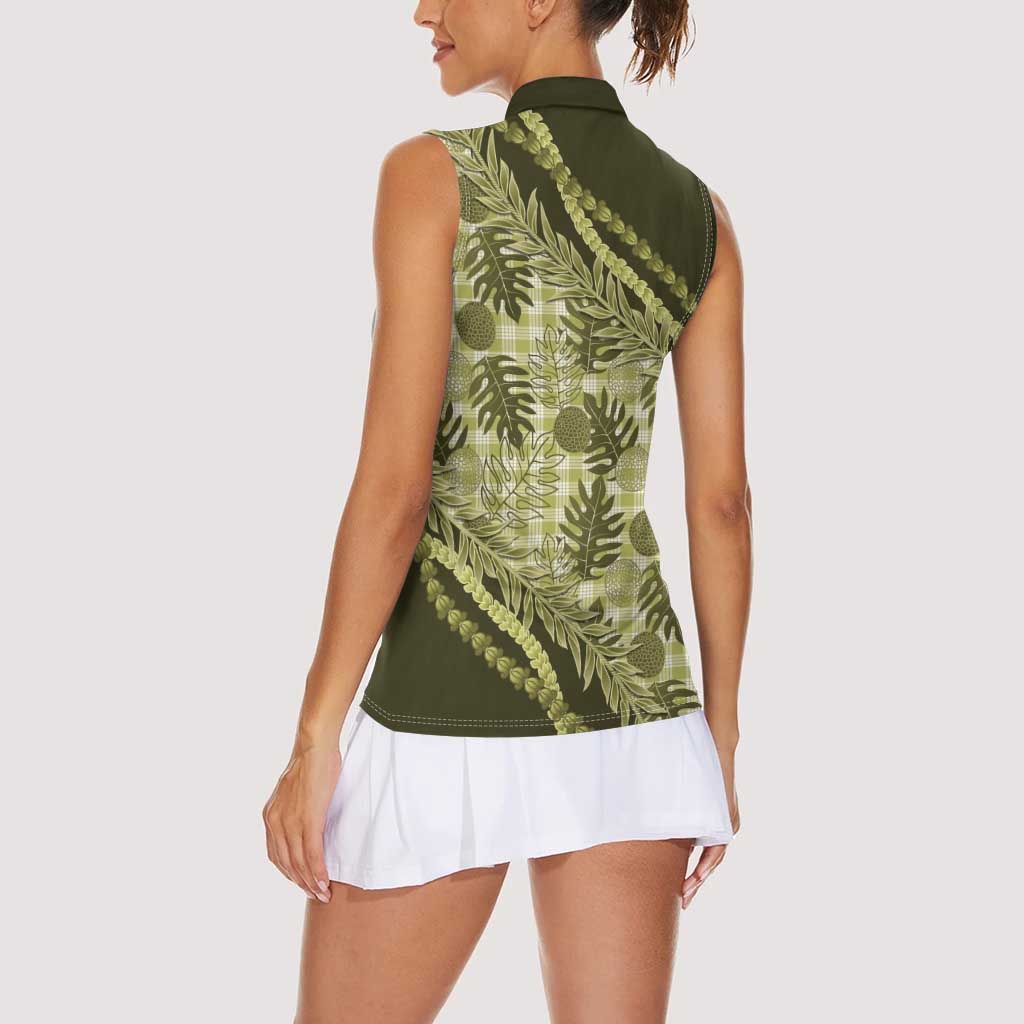 Hawaii Breadfruit Palaka Women Sleeveless Polo Shirt Omaomao Maile Lei - Polynesian Pride
