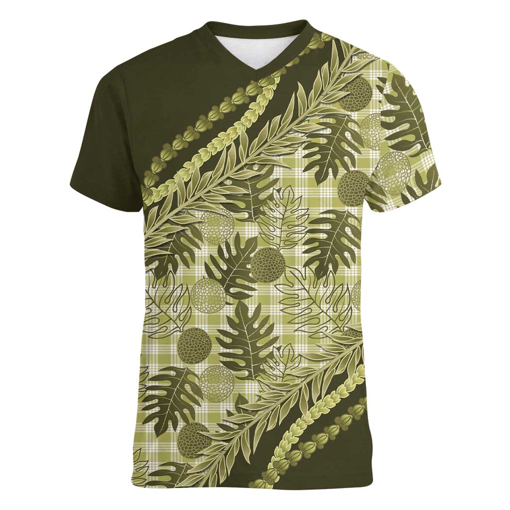 Hawaii Breadfruit Palaka Women V-Neck T-Shirt Omaomao Maile Lei LT9 Female Green - Polynesian Pride