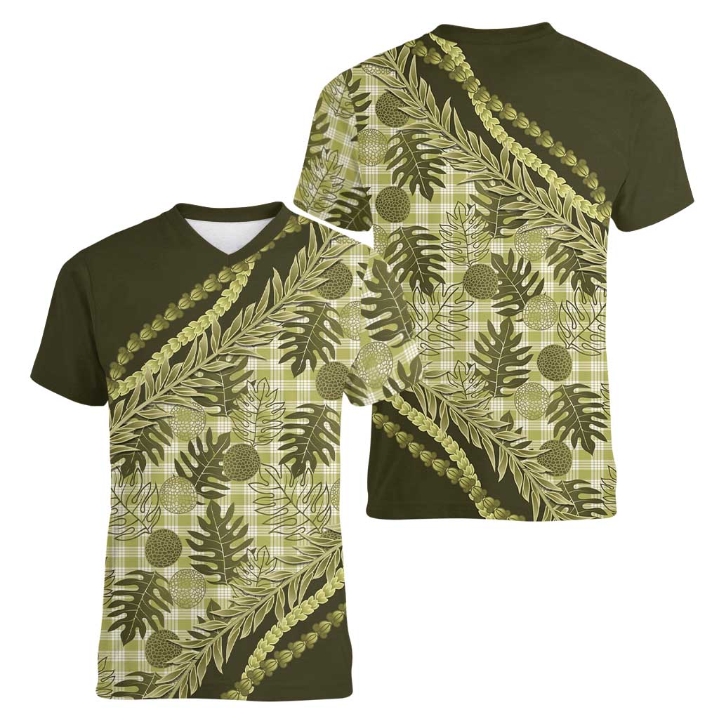 Hawaii Breadfruit Palaka Women V-Neck T-Shirt Omaomao Maile Lei LT9 - Polynesian Pride