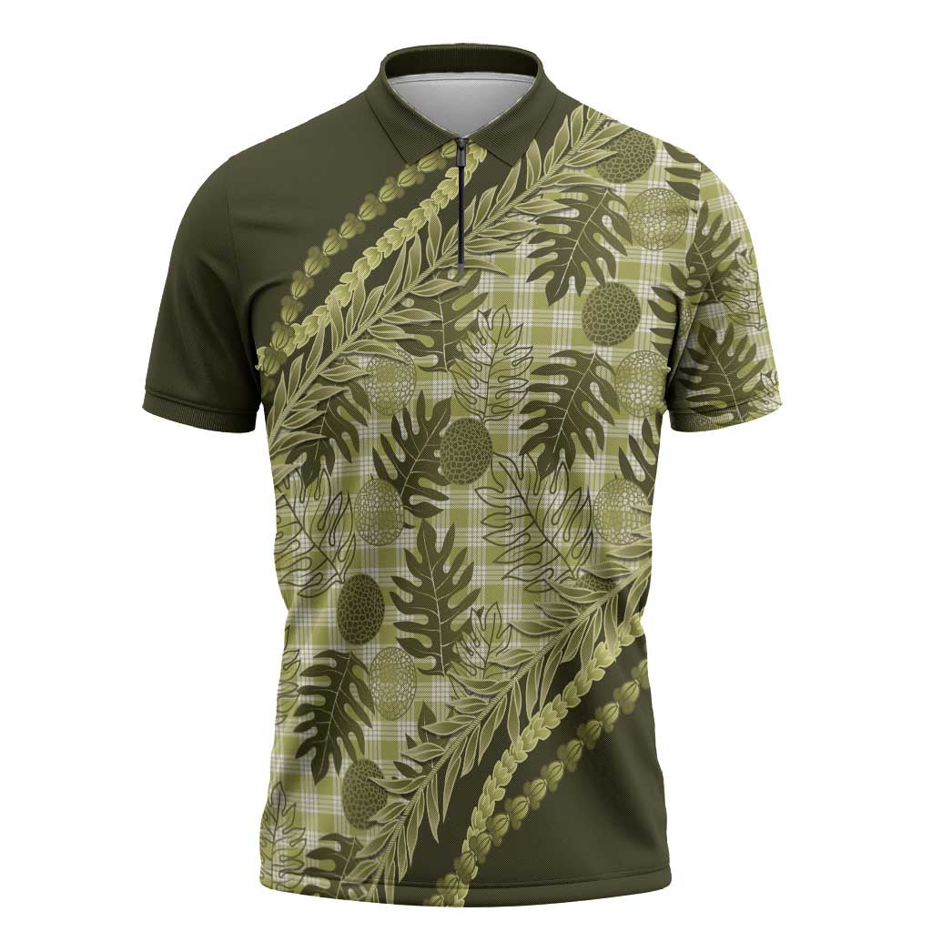 Hawaii Breadfruit Palaka Zipper Polo Shirt Omaomao Maile Lei - Polynesian Pride