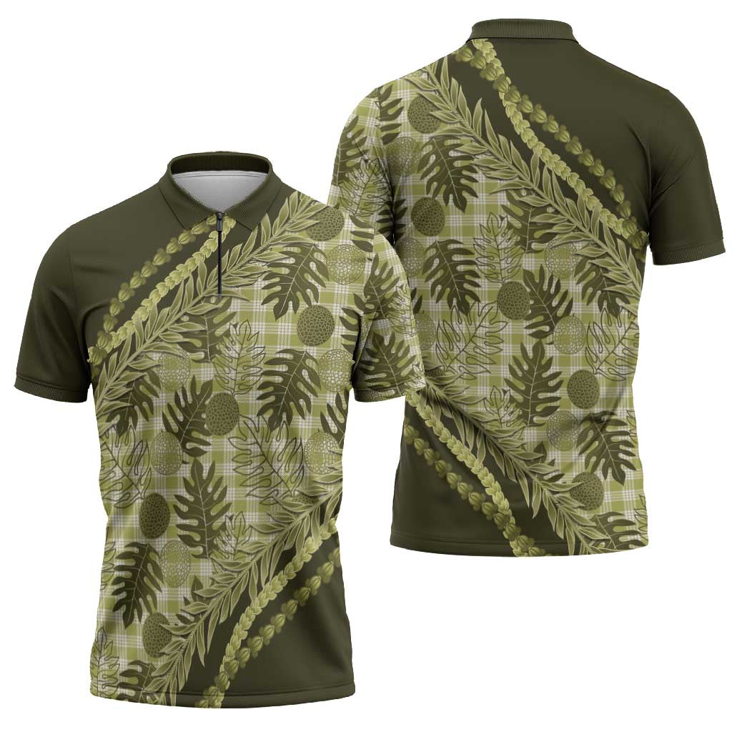 Hawaii Breadfruit Palaka Zipper Polo Shirt Omaomao Maile Lei - Polynesian Pride