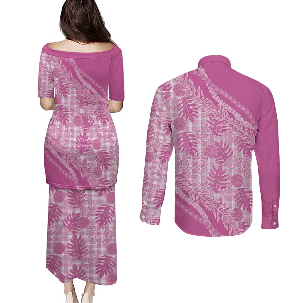 Hawaii Breadfruit Palaka Couples Matching Puletasi and Long Sleeve Button Shirt Omaomao Ulaula Maile Lei LT9 - Polynesian Pride
