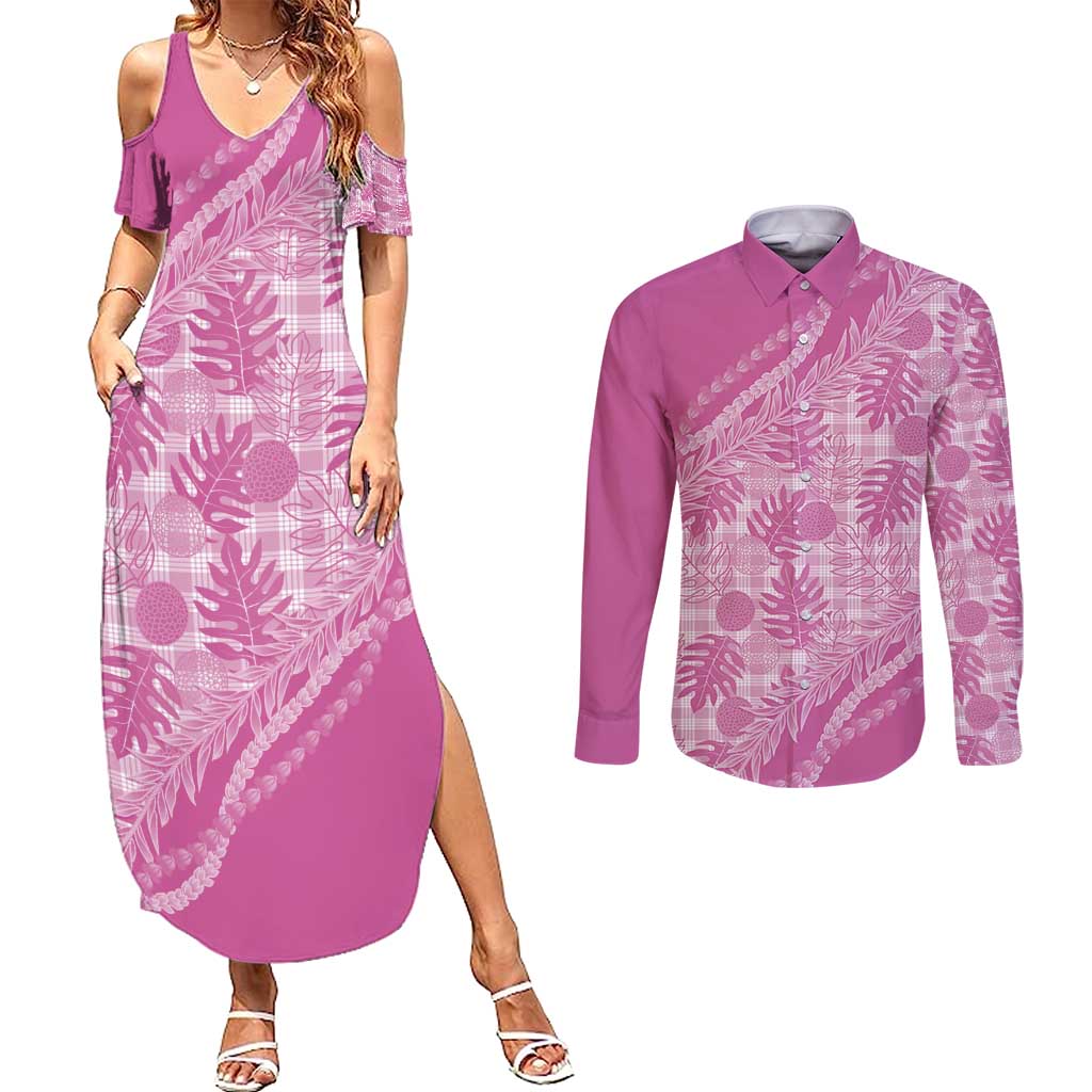 Hawaii Breadfruit Palaka Couples Matching Summer Maxi Dress and Long Sleeve Button Shirt Omaomao Ulaula Maile Lei - Polynesian Pride