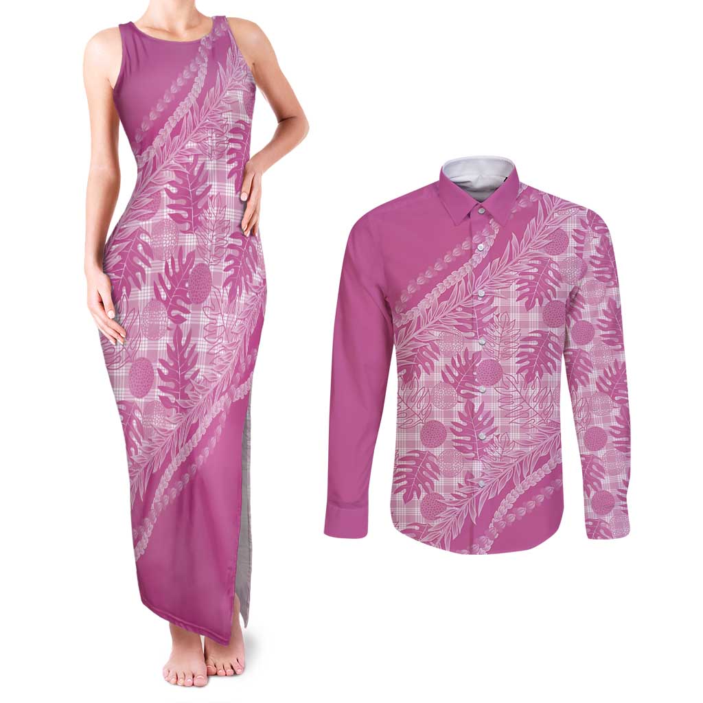 Hawaii Breadfruit Palaka Couples Matching Tank Maxi Dress and Long Sleeve Button Shirt Omaomao Ulaula Maile Lei - Polynesian Pride