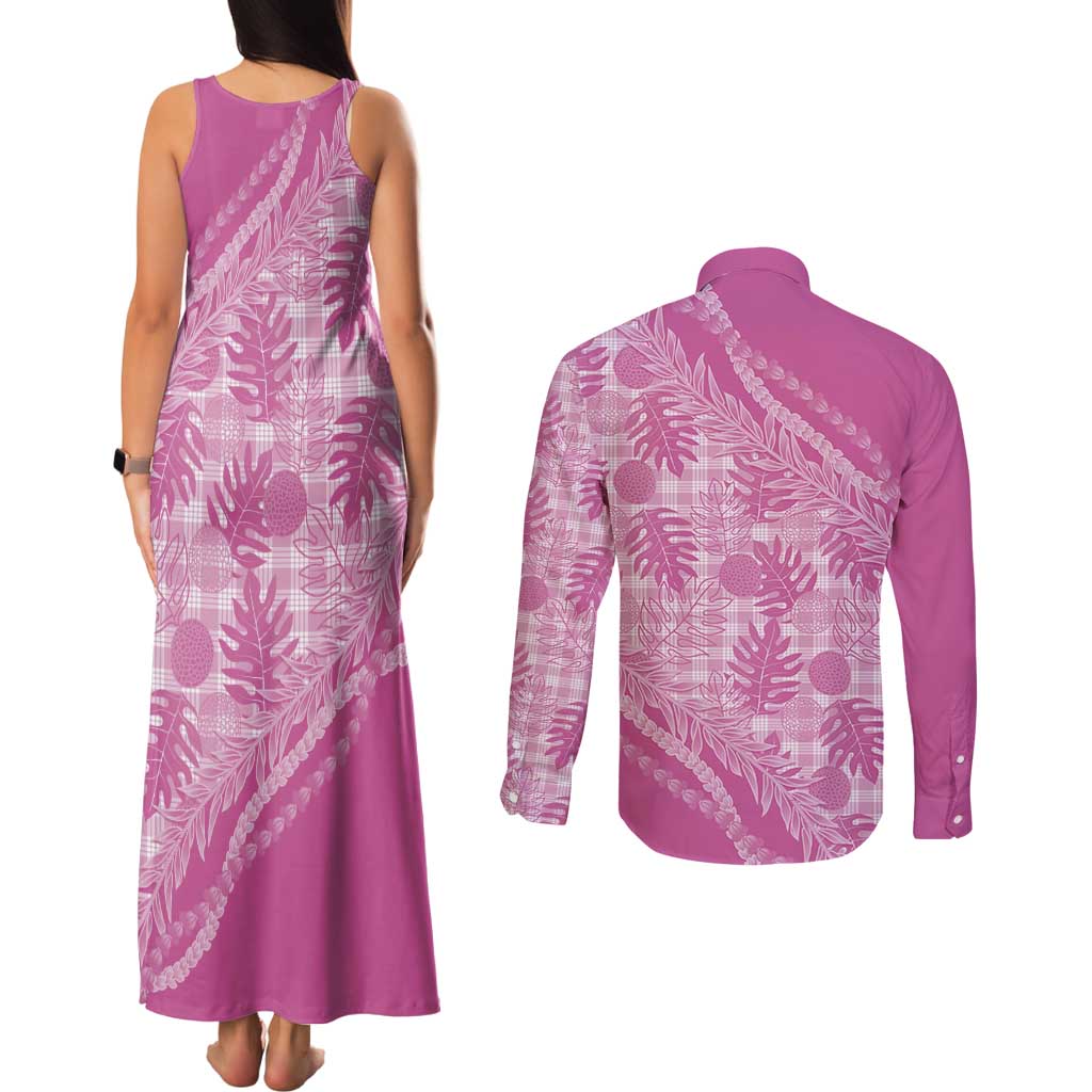 Hawaii Breadfruit Palaka Couples Matching Tank Maxi Dress and Long Sleeve Button Shirt Omaomao Ulaula Maile Lei - Polynesian Pride