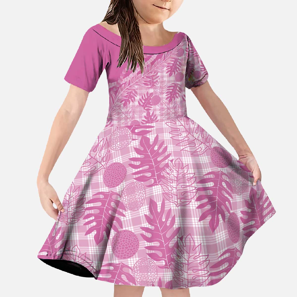 Hawaii Breadfruit Palaka Family Matching Off The Shoulder Long Sleeve Dress and Hawaiian Shirt Omaomao Ulaula Maile Lei - Polynesian Pride