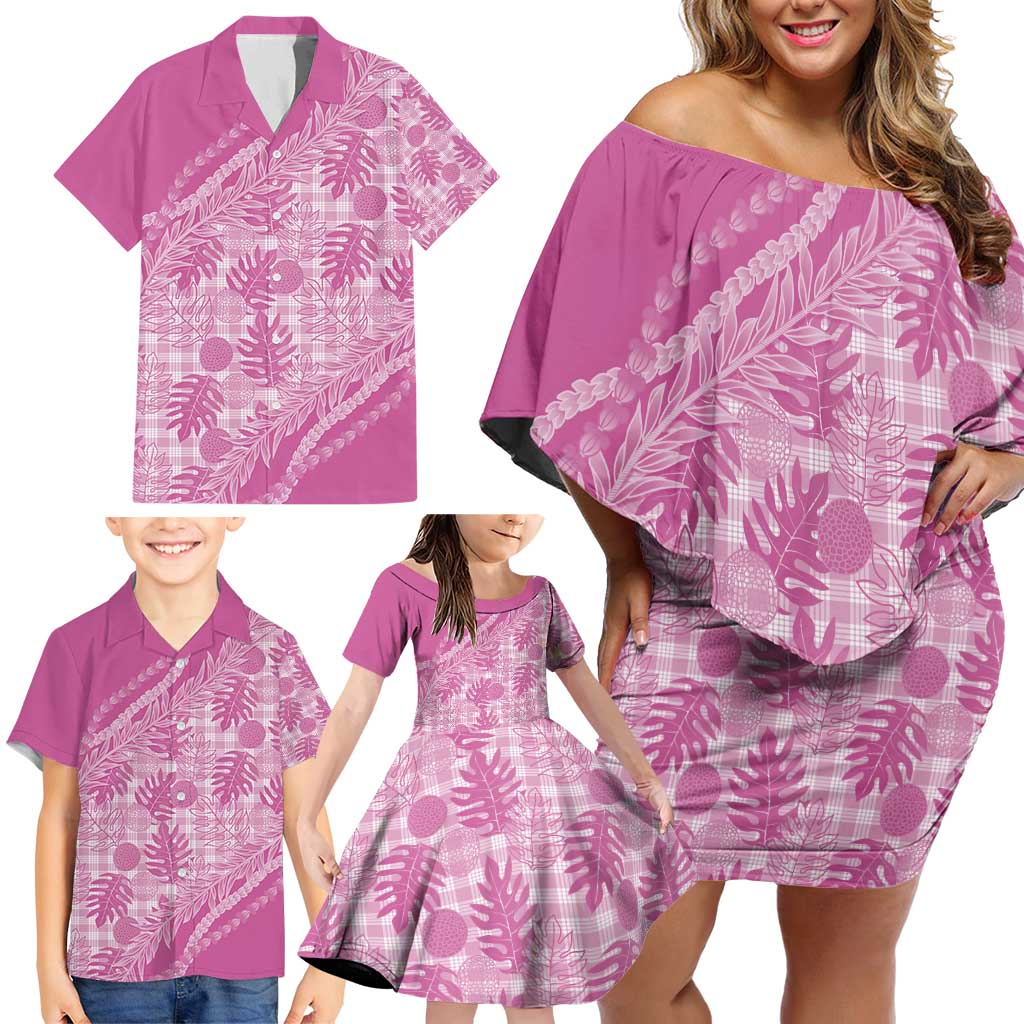 Hawaii Breadfruit Palaka Family Matching Off Shoulder Short Dress and Hawaiian Shirt Omaomao Ulaula Maile Lei - Polynesian Pride