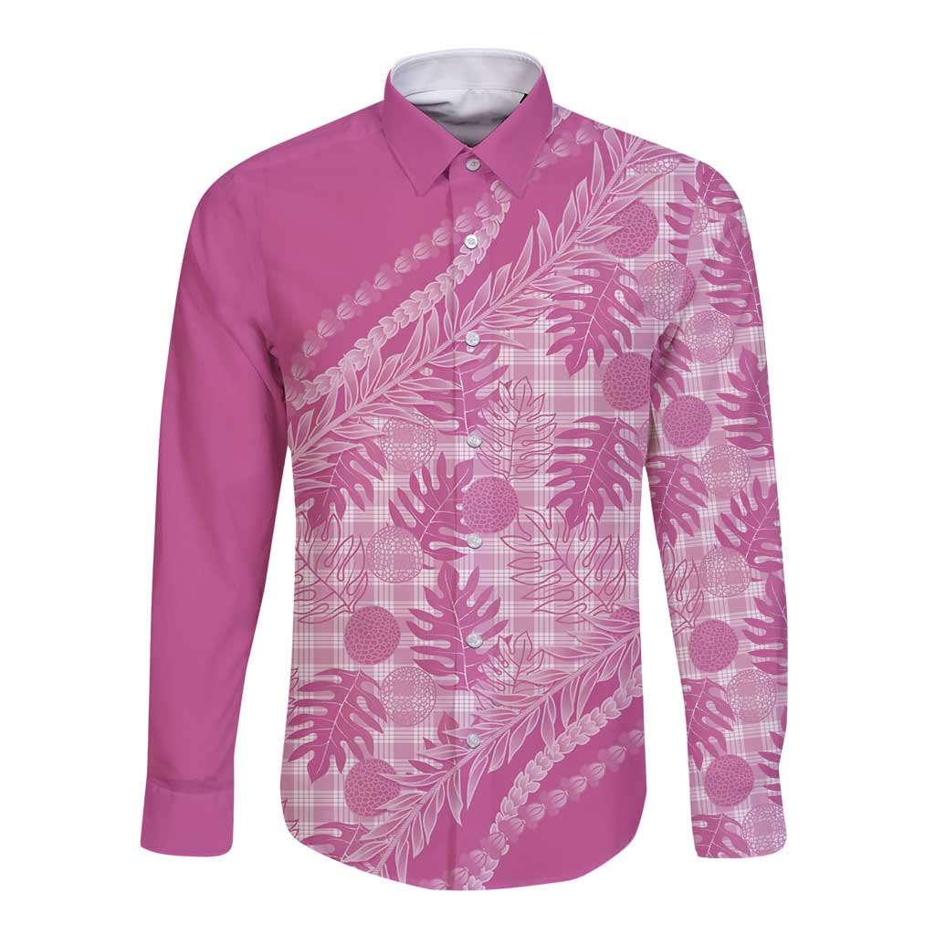 Hawaii Breadfruit Palaka Long Sleeve Button Shirt Omaomao Ulaula Maile Lei LT9 Unisex Pink - Polynesian Pride