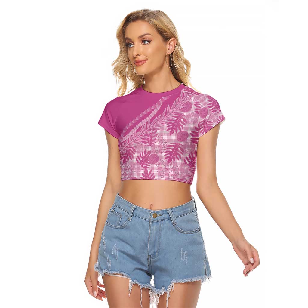 Hawaii Breadfruit Palaka Raglan Cropped T Shirt Omaomao Ulaula Maile Lei LT9 Female Pink - Polynesian Pride