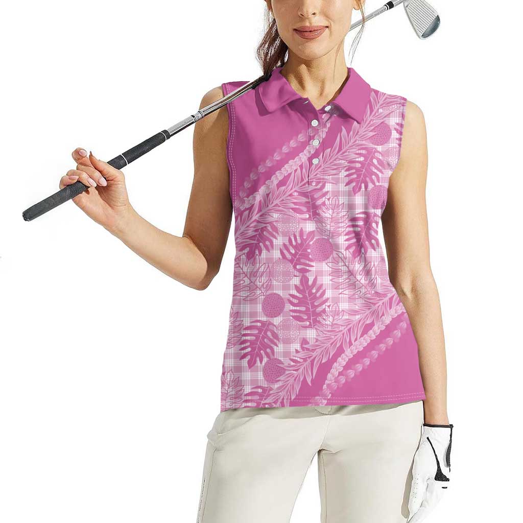 Hawaii Breadfruit Palaka Women Sleeveless Polo Shirt Omaomao Ulaula Maile Lei - Polynesian Pride