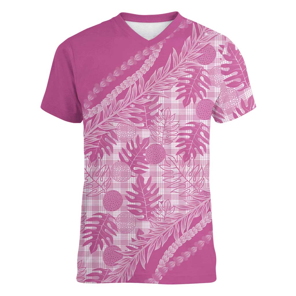 Hawaii Breadfruit Palaka Women V-Neck T-Shirt Omaomao Ulaula Maile Lei LT9 Female Pink - Polynesian Pride