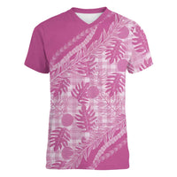 Hawaii Breadfruit Palaka Women V-Neck T-Shirt Omaomao Ulaula Maile Lei LT9 Female Pink - Polynesian Pride
