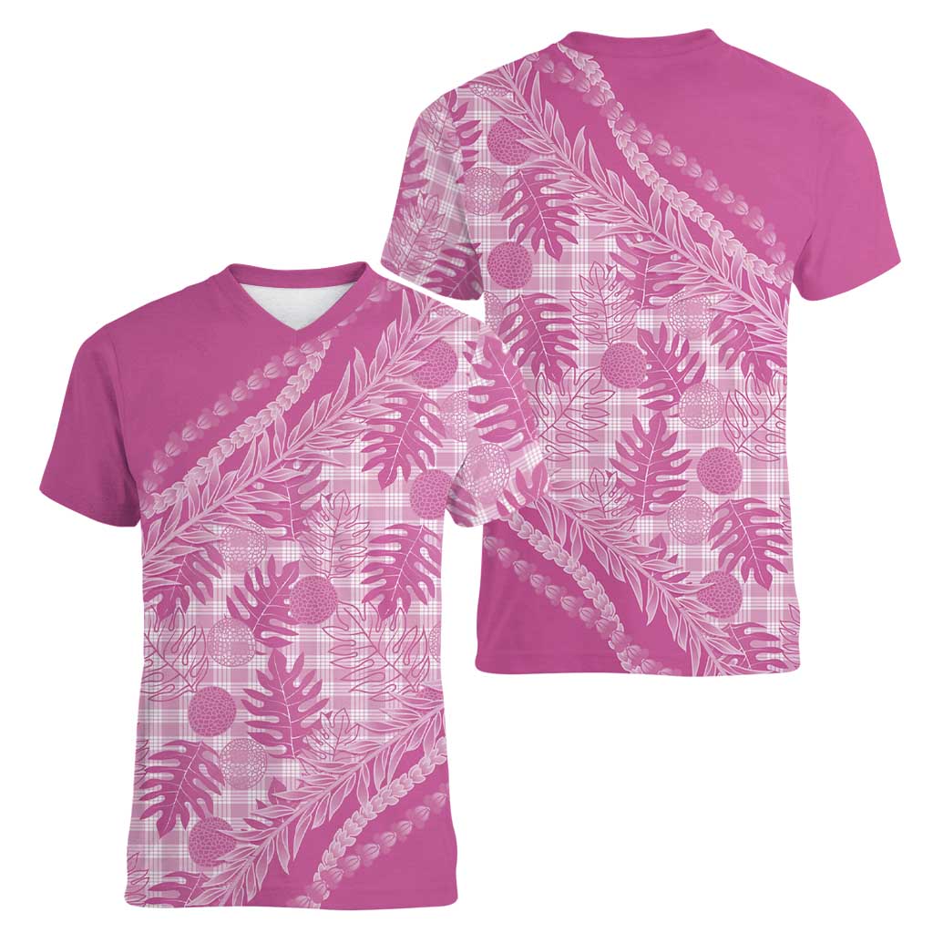 Hawaii Breadfruit Palaka Women V-Neck T-Shirt Omaomao Ulaula Maile Lei LT9 - Polynesian Pride
