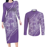 Hawaii Breadfruit Palaka Couples Matching Long Sleeve Bodycon Dress and Long Sleeve Button Shirt Poni Maile Lei - Polynesian Pride