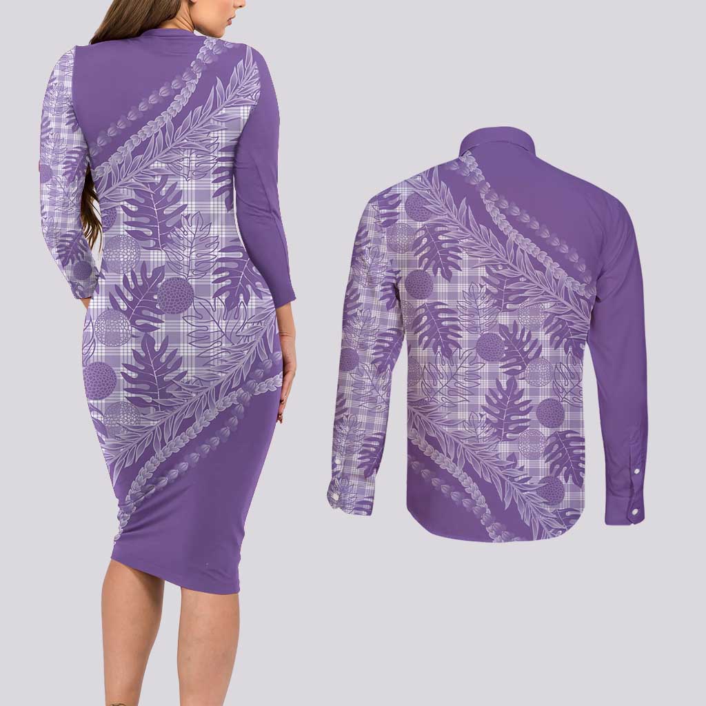 Hawaii Breadfruit Palaka Couples Matching Long Sleeve Bodycon Dress and Long Sleeve Button Shirt Poni Maile Lei - Polynesian Pride