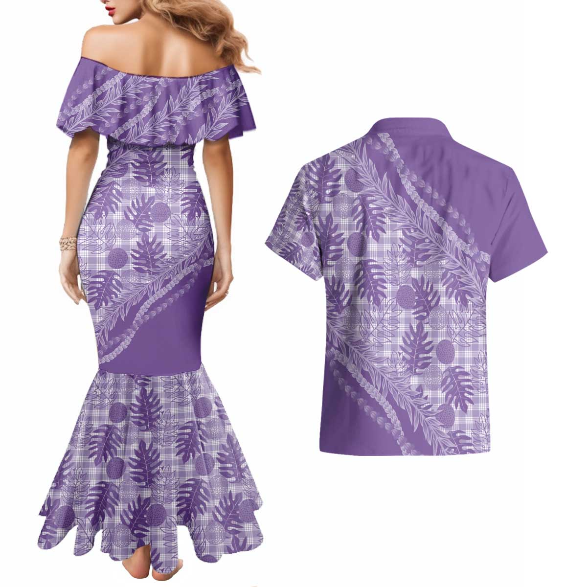 Hawaii Breadfruit Palaka Couples Matching Mermaid Dress and Hawaiian Shirt Poni Maile Lei - Polynesian Pride