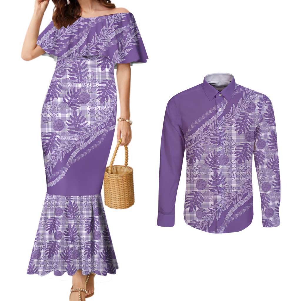 Hawaii Breadfruit Palaka Couples Matching Mermaid Dress and Long Sleeve Button Shirt Poni Maile Lei - Polynesian Pride