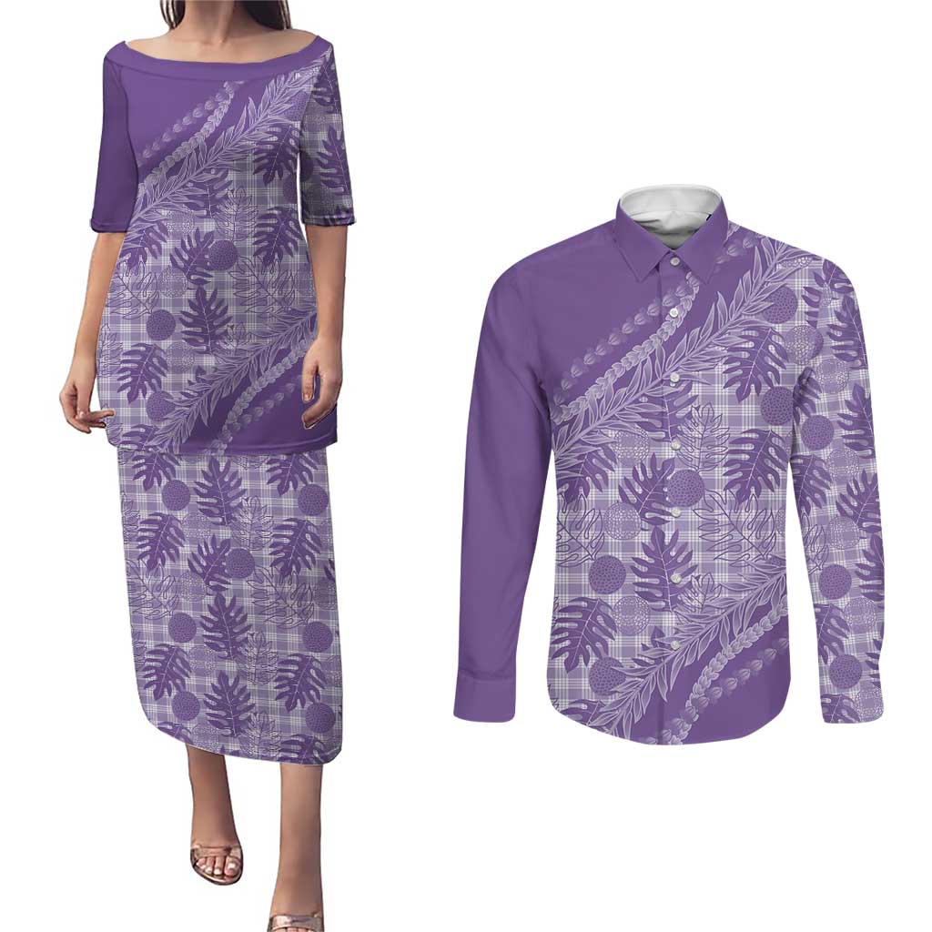 Hawaii Breadfruit Palaka Couples Matching Puletasi and Long Sleeve Button Shirt Poni Maile Lei LT9 Purple - Polynesian Pride