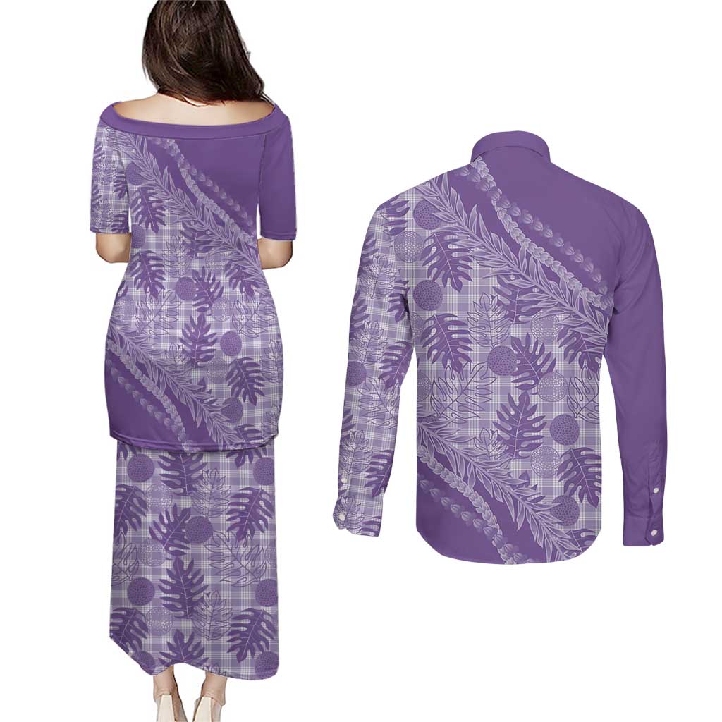 Hawaii Breadfruit Palaka Couples Matching Puletasi and Long Sleeve Button Shirt Poni Maile Lei LT9 - Polynesian Pride