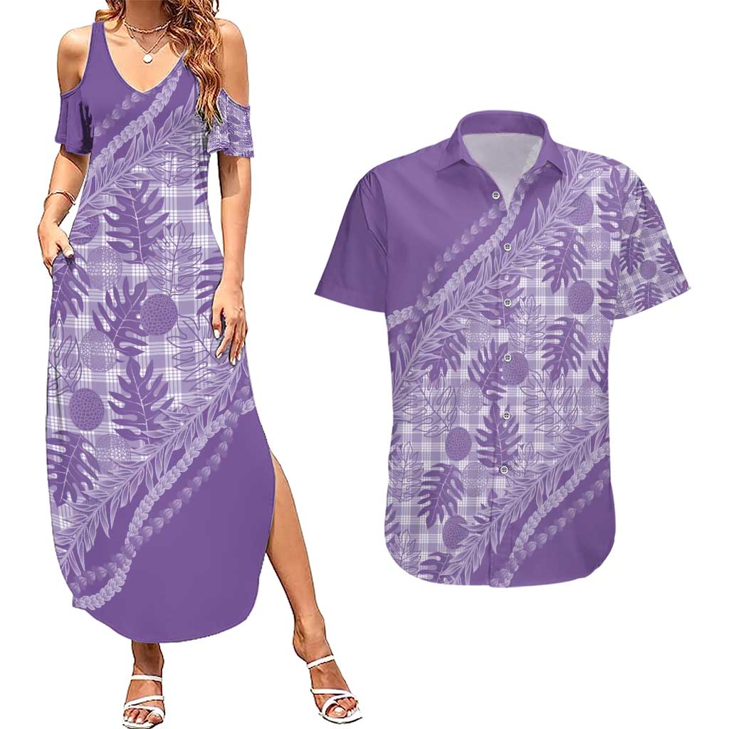 Hawaii Breadfruit Palaka Couples Matching Summer Maxi Dress and Hawaiian Shirt Poni Maile Lei - Polynesian Pride